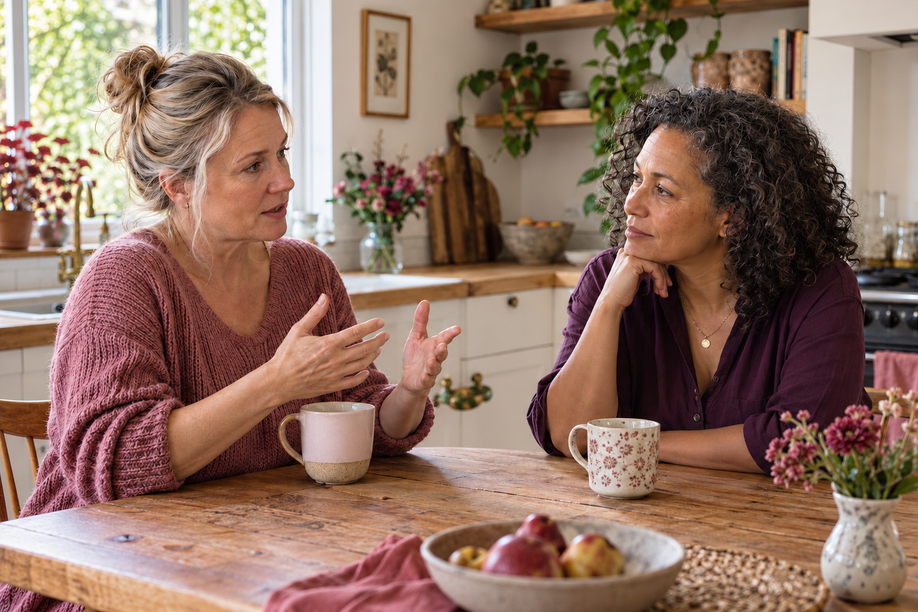 Two women having a conversation at a kitchen table