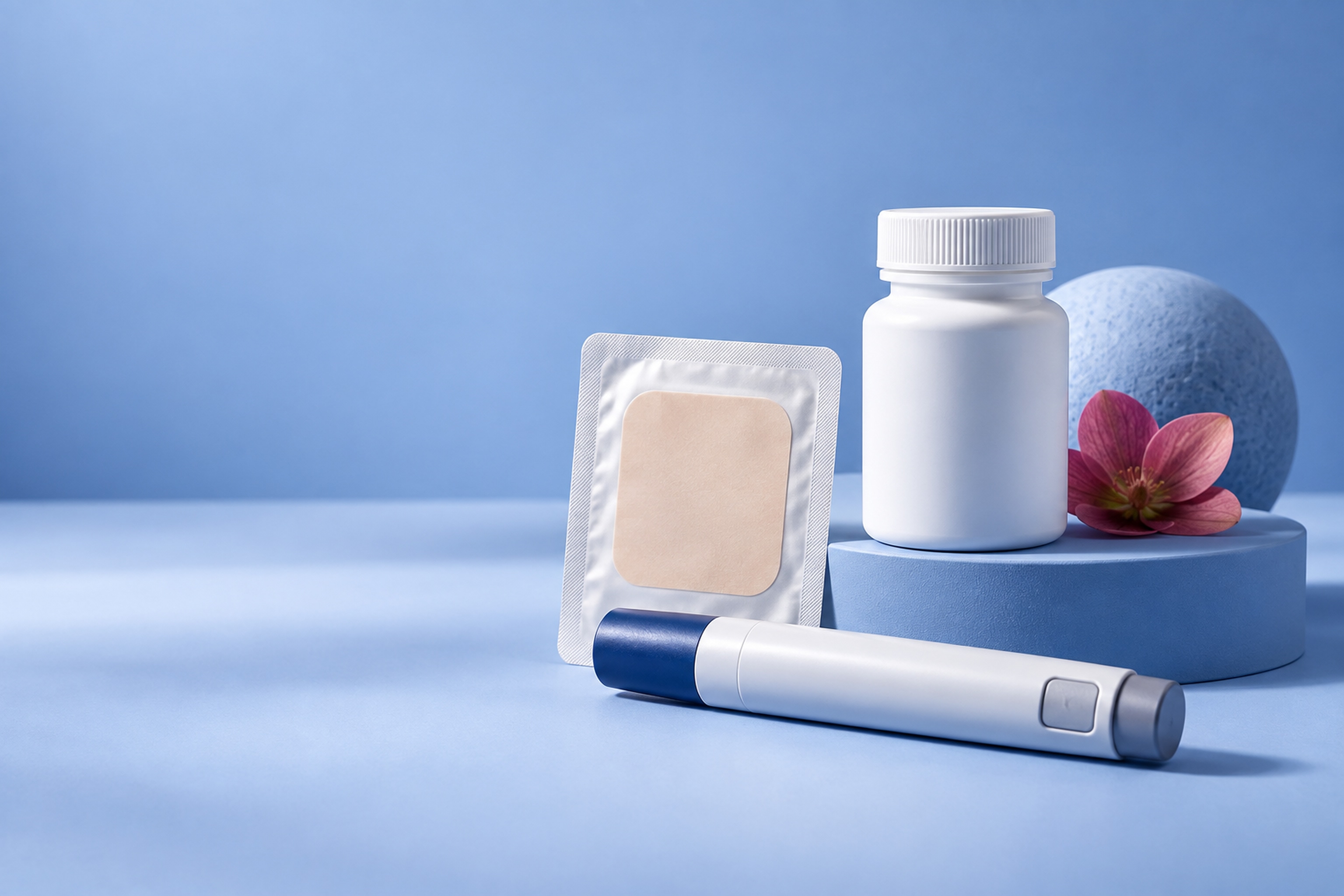 Unbranded treatment options arranged on a blue background